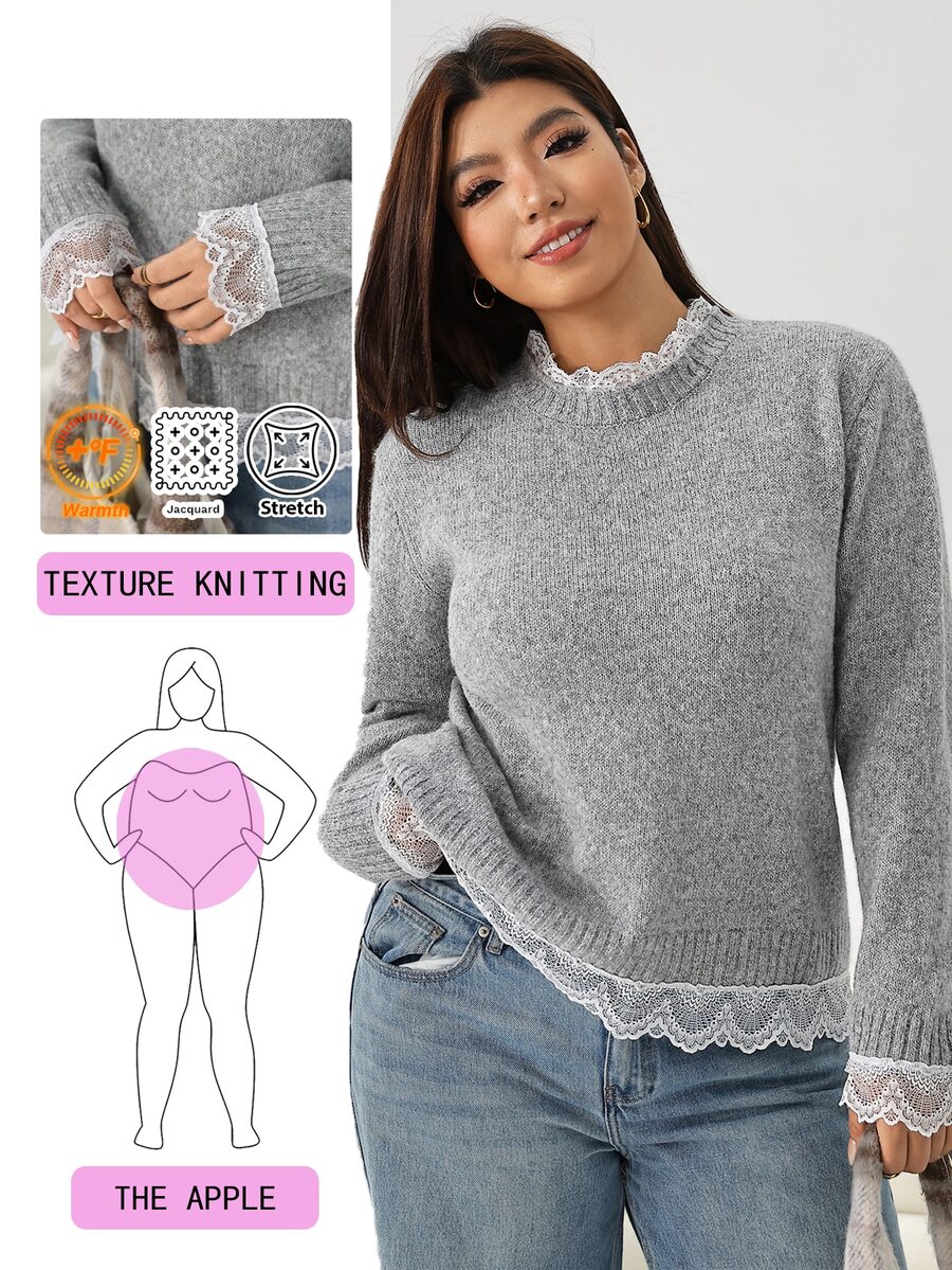 Solflare 大尺碼柔軟蕾絲拼接長袖套頭毛衣 - 彩色 - 查看 1