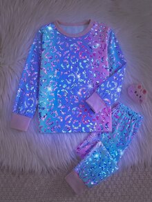 SHEIN 女童秋冬居家甜美風仿亮片閃亮彩色豹紋長袖套頭上衣與配套長褲套裝，2件式女童居家服套裝，粉色修身款，隨機發送2件 - 彩色 - 查看 7