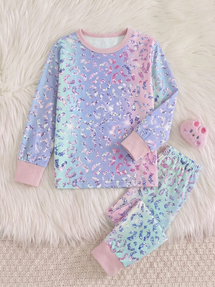 SHEIN Young Girl Autumn/Winter Daily Home Sweet Faux Sequin Shiny Colorful Leopard Print Long Sleeve Pullover Top And Matching Long Pants Set, 2 Pieces Girls Loungewear Set, Pink Slim Fit, Randomly Sent 2 Pieces - Multicolor - View 4