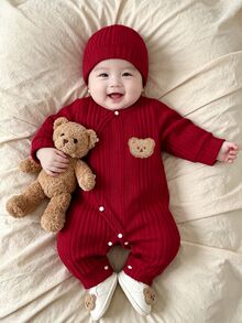 SHEIN Newborn Baby Bear Patchwork Cute Button Romper - Red - View 9