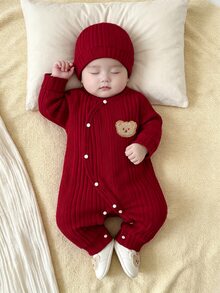 SHEIN Newborn Baby Bear Patchwork Cute Button Romper - Red - View 10