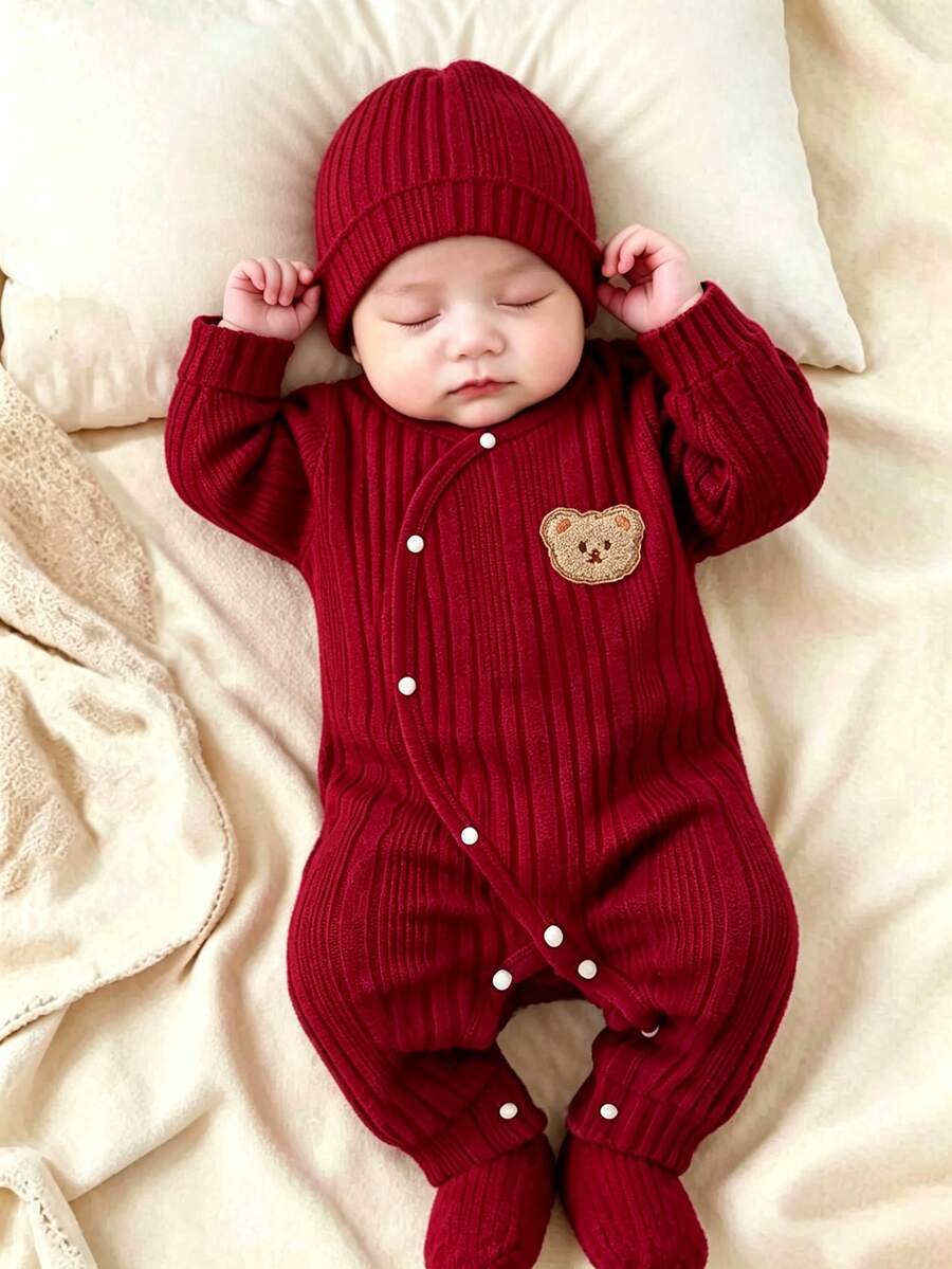 SHEIN Newborn Baby Bear Patchwork Cute Button Romper