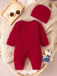 SHEIN Newborn Baby Bear Patchwork Cute Button Romper - Red - View 3