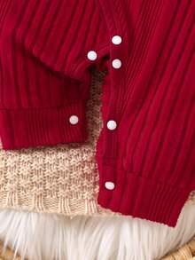 SHEIN Newborn Baby Bear Patchwork Cute Button Romper - Red - View 6