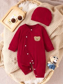 SHEIN Newborn Baby Bear Patchwork Cute Button Romper - Red - View 4