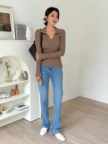 DAZY 女士纯色 Polo 领长袖毛衣，商务休闲风格，秋季，长袖上衣，秋季女装 - 卡其色 - 查看 4