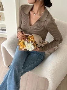 DAZY 女士纯色 Polo 领长袖毛衣，商务休闲风格，秋季，长袖上衣，秋季女装 - 卡其色 - 查看 9
