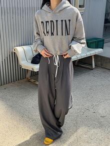 DAZY Women's Business Casual Color Block Elastic Waist Tie Stripe Relaxed Pants, Fall - Grey - View 5