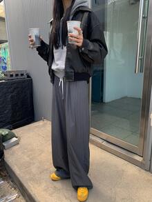 DAZY Women's Business Casual Color Block Elastic Waist Tie Stripe Relaxed Pants, Fall - Grey - View 8