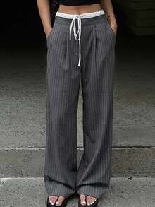 DAZY Women's Business Casual Color Block Elastic Waist Tie Stripe Relaxed Pants, Fall - Grey - View 1