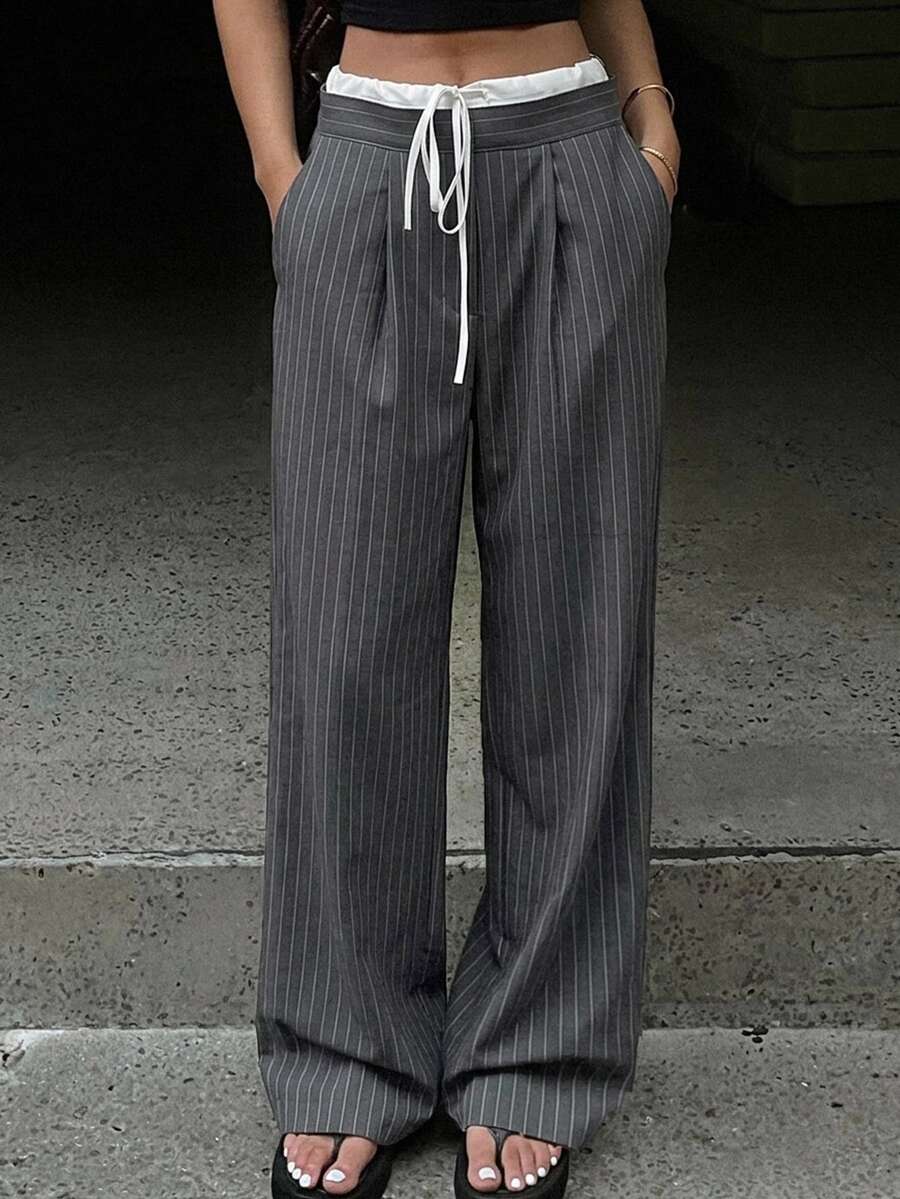 DAZY Women's Business Casual Color Block Elastic Waist Tie Stripe Relaxed Pants, Fall - Grey - View 1