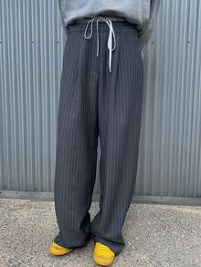 DAZY Women's Business Casual Color Block Elastic Waist Tie Stripe Relaxed Pants, Fall - Grey - View 3