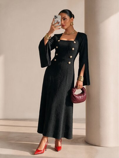 Xyvia Women's Black Dress, Square Neck Double Breasted Gold Buttons, Bell Sleeve Slit Cuff, A-Line Loose Elegant Fall Work Office Going Out Dress