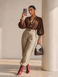 Structelle Women's Minimalist Textured Lantern Sleeve Blouse, Vintage Brown Stand Collar Top - Brown - View 2