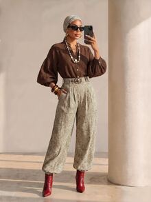 Structelle Women's Minimalist Textured Lantern Sleeve Blouse, Vintage Brown Stand Collar Top - Brown - View 6