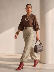 Structelle Women's Minimalist Textured Lantern Sleeve Blouse, Vintage Brown Stand Collar Top - Brown - View 4
