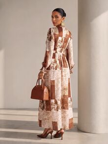 Structelle Western Vintage Patchwork Floral Long Dress, Gentle Gathered Button-Front Petal Sleeve Slimming Vacation Dress - Multicolor - View 2