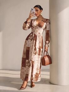 Structelle Western Vintage Patchwork Floral Long Dress, Gentle Gathered Button-Front Petal Sleeve Slimming Vacation Dress - Multicolor - View 4