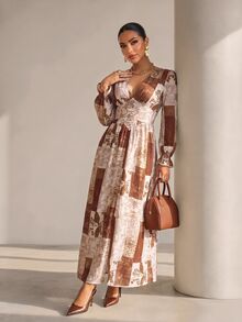 Structelle Western Vintage Patchwork Floral Long Dress, Gentle Gathered Button-Front Petal Sleeve Slimming Vacation Dress - Multicolor - View 8