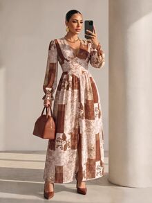 Structelle Western Vintage Patchwork Floral Long Dress, Gentle Gathered Button-Front Petal Sleeve Slimming Vacation Dress - Multicolor - View 1