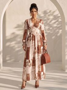 Structelle Western Vintage Patchwork Floral Long Dress, Gentle Gathered Button-Front Petal Sleeve Slimming Vacation Dress - Multicolor - View 6