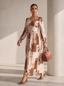 Structelle Western Vintage Patchwork Floral Long Dress, Gentle Gathered Button-Front Petal Sleeve Slimming Vacation Dress - Multicolor - View 3