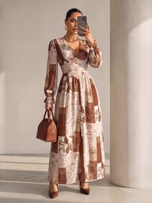 Structelle Western Vintage Patchwork Floral Long Dress, Gentle Gathered Button-Front Petal Sleeve Slimming Vacation Dress - Multicolor - View 7