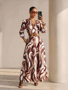 Structelle Marble Print Surplice Neck Dress Brunch White Autumn Elegant - Multicolor - View 1
