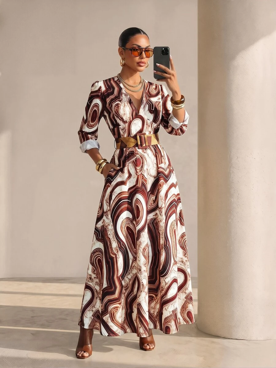Structelle Marble Print Surplice Neck Dress Brunch White Autumn Elegant - Multicolor - View 1