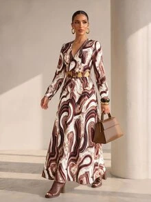 Structelle Marble Print Surplice Neck Dress Brunch White Autumn Elegant - Multicolor - View 4