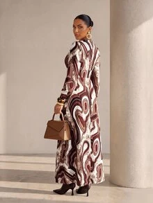 Structelle Marble Print Surplice Neck Dress Brunch White Autumn Elegant - Multicolor - View 2