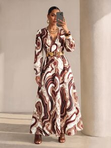 Structelle Marble Print Surplice Neck Dress Brunch White Autumn Elegant - Multicolor - View 3