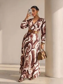 Structelle Marble Print Surplice Neck Dress Brunch White Autumn Elegant - Multicolor - View 5