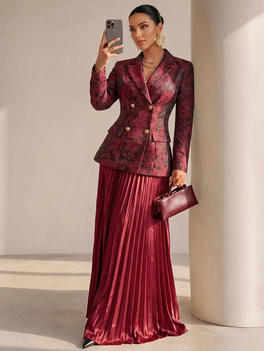 Structelle Elegant Casual Commute Dinner Cocktail Burgundy Jacquard Fabric Women's Blazer Summer - Burgundy - View 1