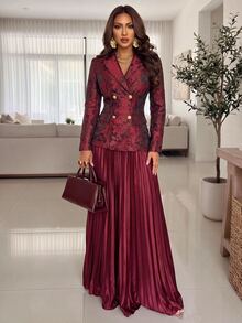 Structelle Elegant Casual Commute Dinner Cocktail Burgundy Jacquard Fabric Women's Blazer Summer - Burgundy - View 8