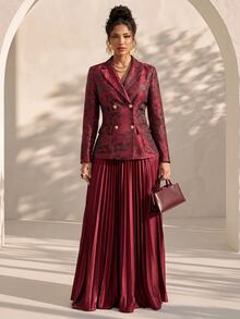 Structelle Elegant Casual Commute Dinner Cocktail Burgundy Jacquard Fabric Women's Blazer Summer - Burgundy - View 6
