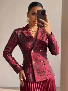 Structelle Elegant Casual Commute Dinner Cocktail Burgundy Jacquard Fabric Women's Blazer Summer - Burgundy - View 4