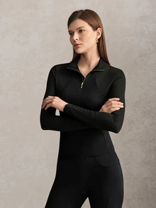 Activina Women's Solid Color Stand Collar Half-Zip Front Fitted Mesh Fabric Equestrian Jacket Chic For Daily Wear Studio Gym Old Money Horse Riding - Black - View 6