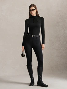 Activina Women's Solid Color Stand Collar Half-Zip Front Fitted Mesh Fabric Equestrian Jacket Chic For Daily Wear Studio Gym Old Money Horse Riding - Black - View 3