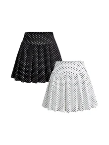 SHEIN Velisys 2pcs Women's Polka Dot Print Daily Fitness Skort With Pockets - Multicolor - View 3