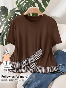 CosyJoli Women's Plus Size Brown Short Sleeve T-Shirt With Plaid Patchwork Design, Versatile Everyday Top Thanksgiving Formal Birthday Summer Casual Western - Brown - View 6