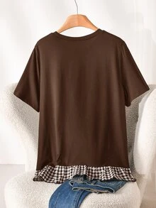 CosyJoli Women's Plus Size Brown Short Sleeve T-Shirt With Plaid Patchwork Design, Versatile Everyday Top Thanksgiving Formal Birthday Summer Casual Western - Brown - View 2
