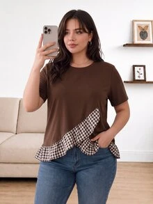 CosyJoli Women's Plus Size Brown Short Sleeve T-Shirt With Plaid Patchwork Design, Versatile Everyday Top Thanksgiving Formal Birthday Summer Casual Western - Brown - View 3