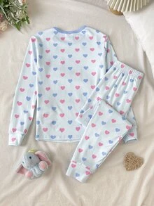 SHEIN Tween女孩秋冬日常居家甜美卡通螢光愛心兔子印花長袖套頭上衣與配套長褲套裝，2件式居家服套裝，淺藍色修身款 - 淺藍色 - 查看 3