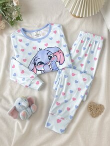 SHEIN Tween女孩秋冬日常居家甜美卡通螢光愛心兔子印花長袖套頭上衣與配套長褲套裝，2件式居家服套裝，淺藍色修身款 - 淺藍色 - 查看 5
