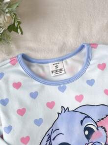 SHEIN Tween女孩秋冬日常居家甜美卡通螢光愛心兔子印花長袖套頭上衣與配套長褲套裝，2件式居家服套裝，淺藍色修身款 - 淺藍色 - 查看 6