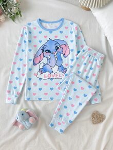 SHEIN Tween女孩秋冬日常居家甜美卡通螢光愛心兔子印花長袖套頭上衣與配套長褲套裝，2件式居家服套裝，淺藍色修身款 - 淺藍色 - 查看 4