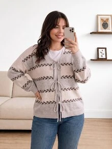 CosyJoli Plus Size Women's Geometric Pattern Drop Shoulder Long Sleeve Knit Cardigan - Multicolor - View 6