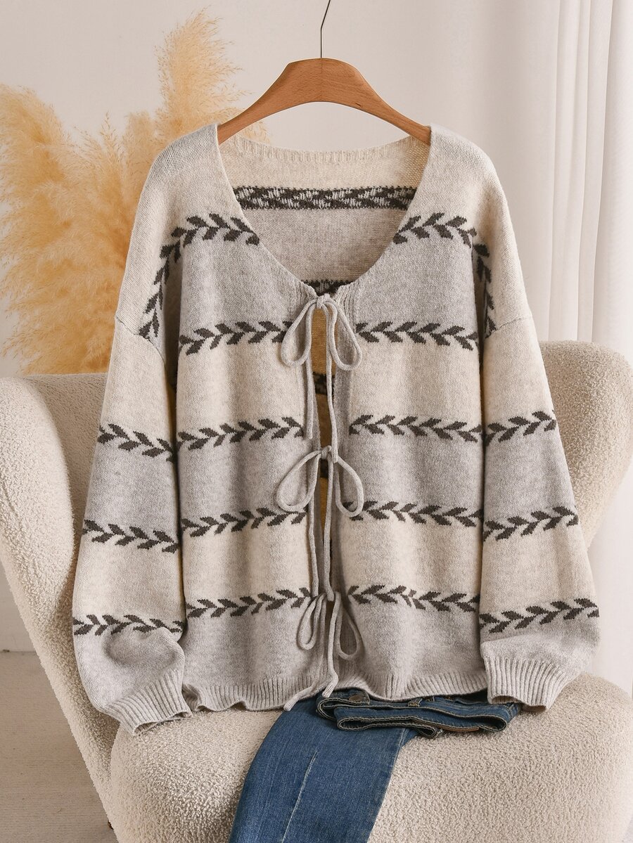 CosyJoli Plus Size Women's Geometric Pattern Drop Shoulder Long Sleeve Knit Cardigan