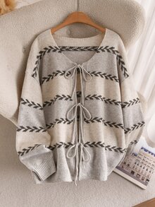 CosyJoli Plus Size Women's Geometric Pattern Drop Shoulder Long Sleeve Knit Cardigan - Multicolor - View 4